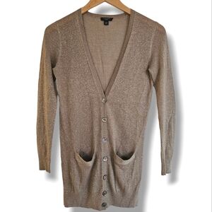 Ann Taylor Cardigan Sweater Size XSP Metallic Lightweight Front Pockets Gold